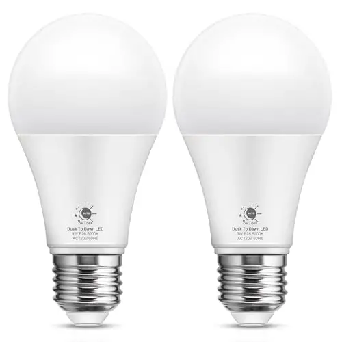LOHAS Dusk to Dawn Light Bulbs Outdoor, Light Sensor Bulb 60W Equivalent, A19 LED Bulb Daylight 5000K, 9W Photocell Sensor LED, 900LM Auto On/Off Porch Light, E26 Base for Garage, 2Pack