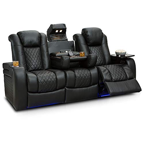 Seatcraft Anthem Home Theater Seating - Living Room - Top Grain Leather - Power Recline Sofa - Fold-Down Table - Powered Headrests - Arm Storage - AC/USB and Wireless Charging - Black