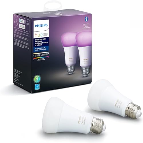 Philips Hue Smart 60W A19 LED Bulb - White and Color Ambiance Color-Changing Light - 2 Pack - 800LM - E26 - Indoor - Control with Hue App - Works with Alexa, Google Assistant and Apple Homekit