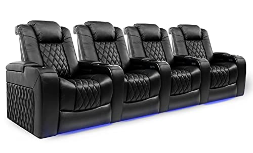 Valencia Tuscany Home Theater Seating | Premium Top Grain Italian Nappa 11000 Leather, Power Reclining, Power Lumbar Support, Power Headrest (Row of 4, Black)