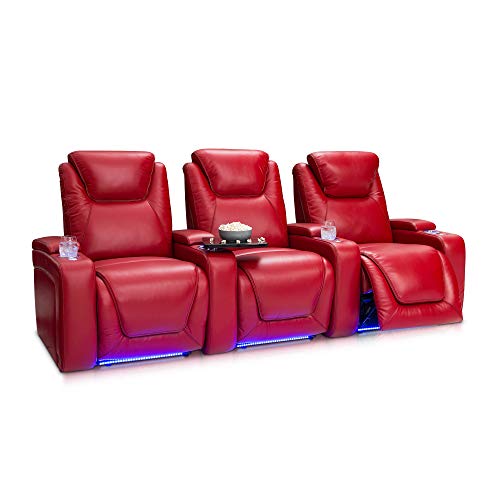 Seatcraft Equinox - Home Theater Seating - Living Room - Top Grain Leather - Power Recline - Powered Headrest and Lumbar Support - Arm Storage - USB Charging - Cup Holders - Row of 3, Red