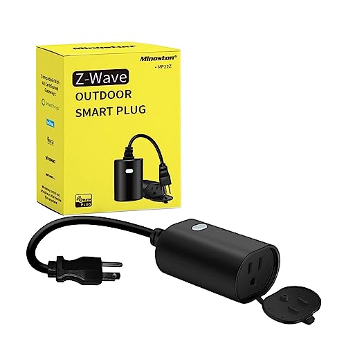 Minoston Z-Wave Plus Smart Plug, Outdoor On/Off Outlet Switch, ZWave Hub Required, Weather-Resistant, Built-in Repeater, Work with SmartThings, Wink, Alexa, Black(MP22Z)
