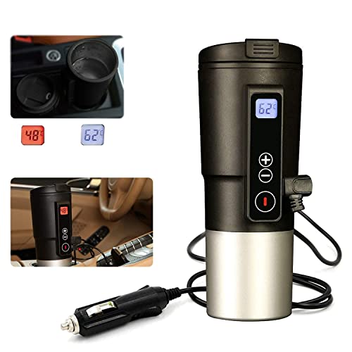 GEEZO Smart Temperature Control Travel Coffee Mug Electric Heated Travel Mug Stainless Steel Tumbler Smart Heating Car Cup Keep Milk Warm LCD Display Easily Washing Safe for use (12V Black 01)