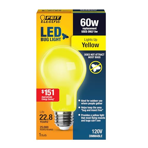 Feit Electric A19 Outdoor LED Bug Light, 60-Watt Equivalent, Non-Dimmable LED Light Bulb, E26 Medium Base, 120V, 22 Years Lifetime, Yellow, Pack of 1, A19/BUG/LED/BX