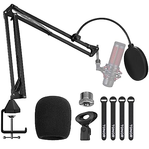 Microphone Arm Stand, TONOR Adjustable Suspension Boom Scissor Mic Stand with Pop Filter, 3/8' to 5/8' Adapter, Mic Clip, Upgraded Heavy Duty Clamp for Hyperx Blue Yeti Rode Elgato etc. Mics (T20)