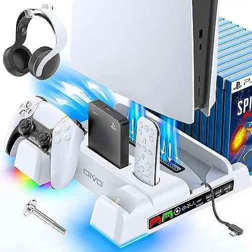 PS5 / PS5 Slim Stand and Cooling Station with RGB LED Controller Charging Station for Playstation 5 Consoles, PS5 Controller Charger, PS5/ PS5 Slim Accessories with 3 Levels Cooling Fan with 3 USB Hub