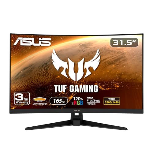 ASUS TUF Gaming 32' 1440P HDR Curved Monitor (VG32VQ1B) - QHD (2560 x 1440), 165Hz (Supports 144Hz), 1ms, Extreme Low Motion Blur, Speaker, FreeSync Premium, VESA Mountable, DisplayPort, HDMI,BLACK