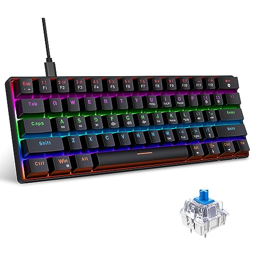 Snpurdiri 60 Percent Mechanical Gaming Keyboard, Blue Switch Anti-Ghosting 61 Key LED Rainbow Backlit Keyboard, Mini Portable Quick Response Keyboard for Laptop PC Gamer, Black