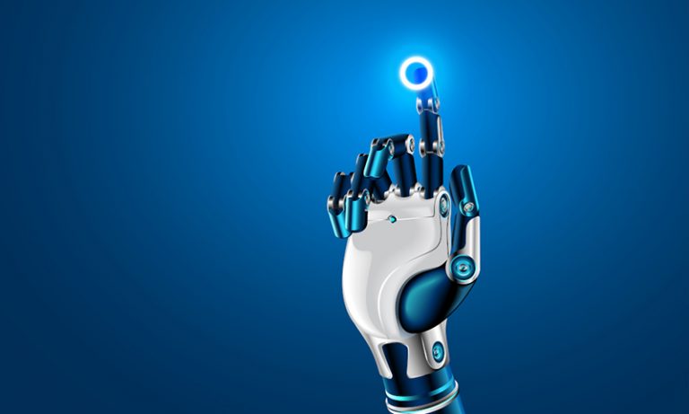 Advanced robot hand with gradient blue background